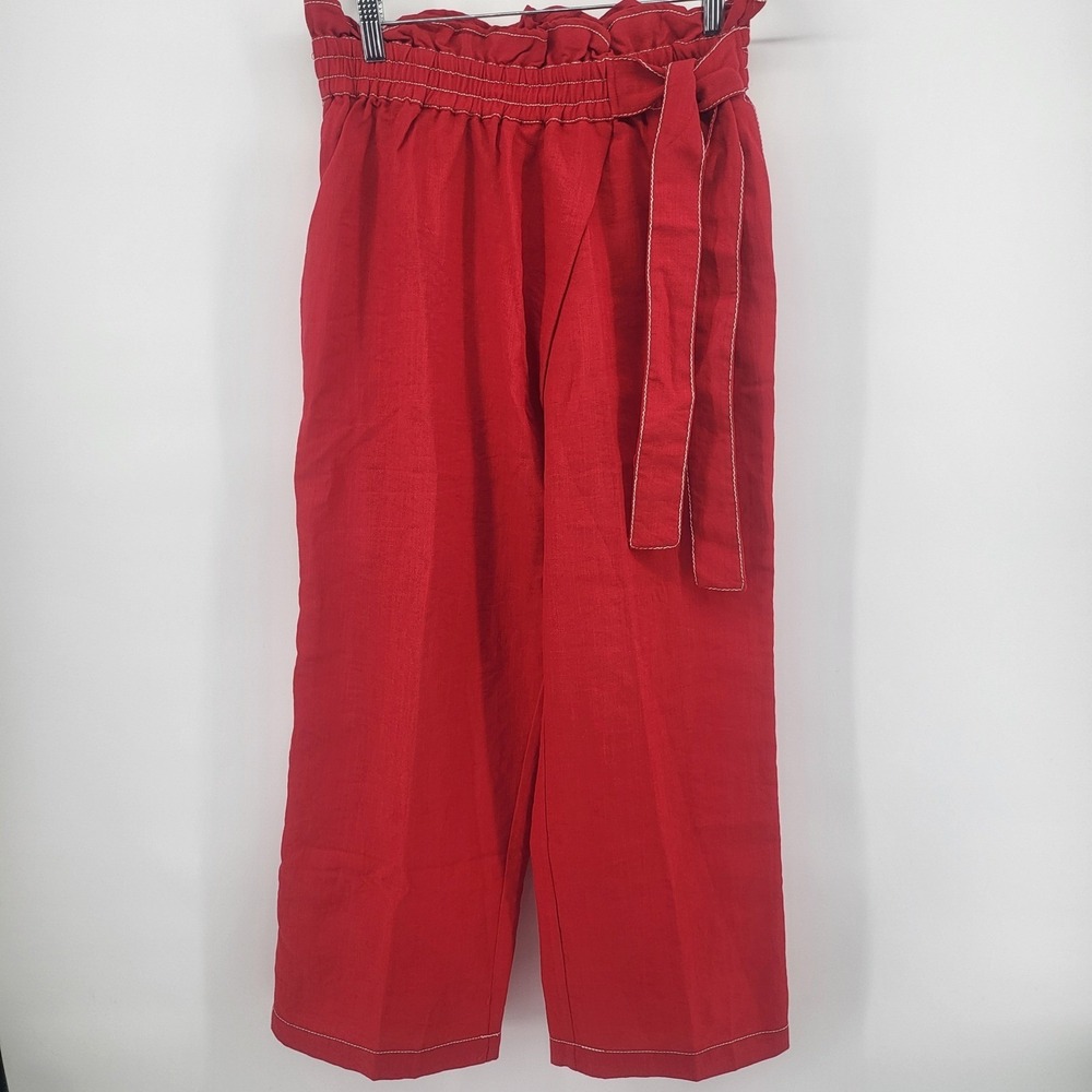 Moon River Pants Womens S Red Paperbag Waist Wide Leg Contrast Stitch Tie Belt